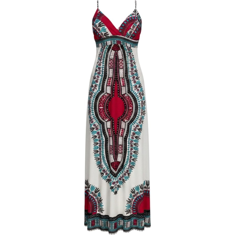 Boutique Greece Dashiki Print Maxi Dress Red Teal White Boho V-Neck Summer 5